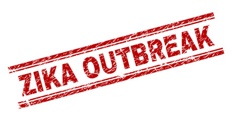 ZIKA OUTBREAK seal print with grunge texture. Red vector rubber print of ZIKA OUTBREAK caption with grunge texture. Text caption is placed between double parallel lines.