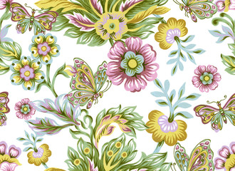 Seamless pattern with abstract fantasy flowers and leaves Paisley and Butterfly or Damask jacobean style Watercolor Gouache