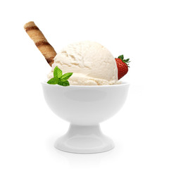 Vanilla ice cream scoop in bowl with wafer stick and strawberry isolated on white background