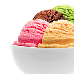 Strawberry, Mint, chocolate ice cream scoops in bowl isolated on white background