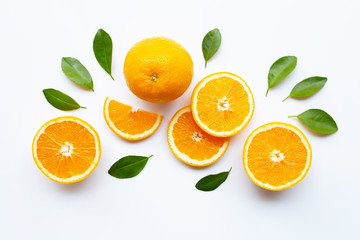 Fototapeta na wymiar Fresh orange citrus fruit with leaves on white.