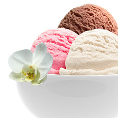 Fototapeta na wymiar Vanilla, strawberry and chocolate ice cream scoops in bowl isolated on white background