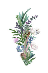 floral watercolor arrangement with flowers and cones, hand drawn illustration