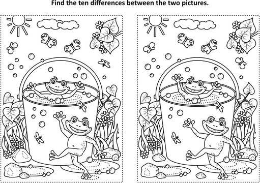 Summer joy themed find the ten differences picture puzzle and coloring page with happy playful frogs swimming in a bucket full of water.
