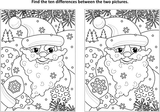 Winter holidays, New Year or Christmas themed find the ten differences picture puzzle and coloring page with Santa delivering presents in his sack full of toys and gifts
