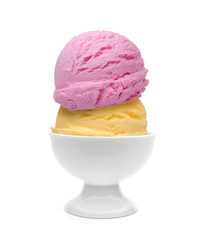 Strawberry and mango ice cream scoops in bowl isolated on white background