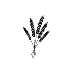vector illustration of wheat, rye or barley ears with whole grain, black silhouette of wheat, rye or barley crop harvest symbol or icon isolated on white background.
