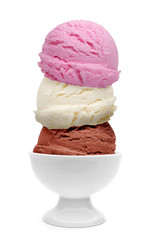 Strawberry, chocolate and vanilla ice cream scoops in bowl isolated on white background