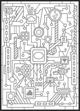 Coloring for adults. Modern technology woven into the computer board.