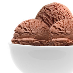 Chocolate ice cream scoops in bowl isolated on white background