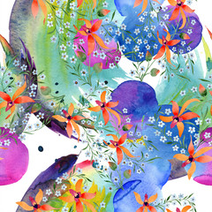 Blue ahd orange floral botanical flower. Watercolour drawing fashion aquarelle isolated.