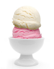 Strawberry and vanilla ice cream scoops in bowl isolated on white background