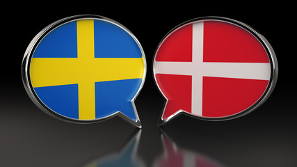 Sweden and Denmark flags with Speech Bubbles. 3D illustration