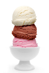 Strawberry, chocolate and vanilla ice cream scoops in bowl isolated on white background