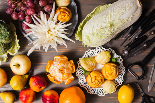 Chinese fruit carving, flat lay props on the table