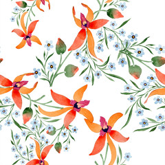 Blue ahd orange floral botanical flower. Watercolour drawing fashion aquarelle isolated.
