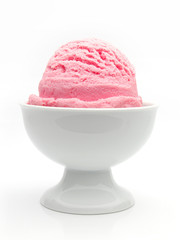 Strawberry ice cream scoop in bowl isolated on white background