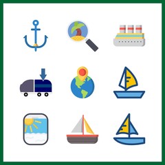 9 boat icon. Vector illustration boat set. anchor and freight forwarding icons for boat works