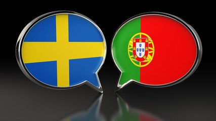 Sweden and Portugal flags with Speech Bubbles. 3D illustration