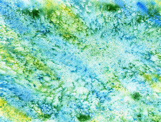 Abstract watercolor background with colorful paint stains and drops in white, green, blue colors. Hand drawn traditional illustration. Creative liquid wallpaper. Abstraction image.