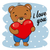 Love card. Cute bear with heart in hand