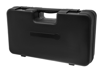 black plastic case with carrying handle isolated on white