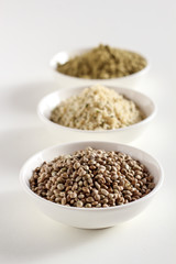 Organic hemp whole seeds, hulled seeds and protein powder in bowls on a white background, vertical