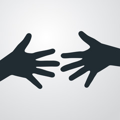 Icono plano silueta dos manos ayuda en fondo gris