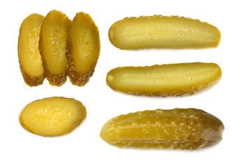 sliced marinated pickled cucumbers isolated on white background. top view
