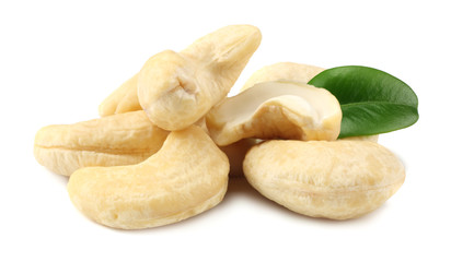 cashew with green leaves isolated on white background
