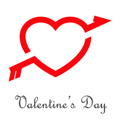Logotipo abstracto con texto Valentine's Day con corazón lineal con flecha en espacio negativo color rojo