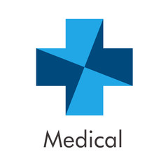 Obraz premium Logotipo abstracto con texto Medical con cruz dividida en color azul