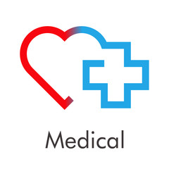 Obraz premium Logotipo abstracto con texto Medical con corazón y con cruz lineales en azul y rojo