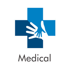 Logotipo abstracto con texto Medical con cruz en color azul con dos manos en espacio negativo