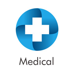 Logotipo abstracto con texto Medical con cruz en espacio negativo en círculo azul