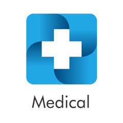 Obraz premium Logotipo abstracto con texto Medical con cruz en espacio negativo en cuadrado azul