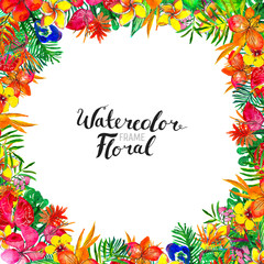 Watercolor Background with tropical plants and flowers