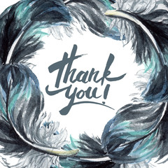 Black feather. Watercolor background illustration set.Frame border ornament square.