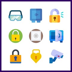 9 private icon. Vector illustration private set. safebox and security camera icons for private works