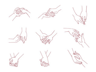 Lovers hold hands Love body language concept. doodles on different types. Interlocking of hands between pairs. Couples set. Vector illustration hand drawn style.