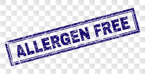 ALLERGEN FREE stamp seal print with corroded style and double framed rectangle shape. Stamp is placed on a transparent background.