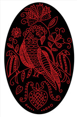 Embroidery pattern with birds and flowers in folk style in oval shape.