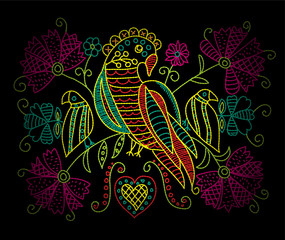 Colorful neon embroidery pattern with birds and flowers in folk style.