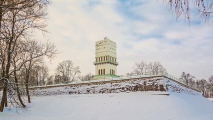 Old White Tower in the winter Alexander Park in Tsarskoye Selo (Pushkin City)