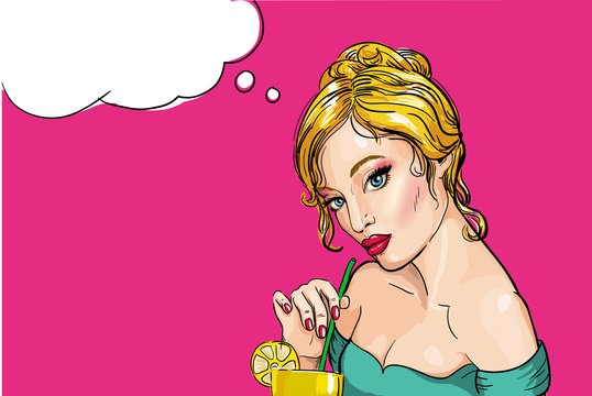 Comic style vector illustration of young blond woman drinking a coctail with straw.