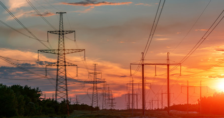 High-voltage power lines. Electricity distribution station. high voltage electric transmission tower. Distribution electric substation with power lines and transformers