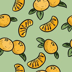 Mandarin colorful doodles seamless pattern. Orange tangerines