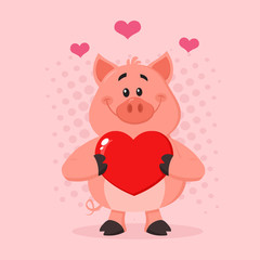 Obraz na płótnie Canvas Pig Cartoon Character Holding A Be Mine Valentine Love Heart. Vector Illustration Flat Design With Pink Background