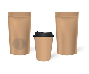 Disposable coffee cup with stand up zip lock food pouches, mock-up