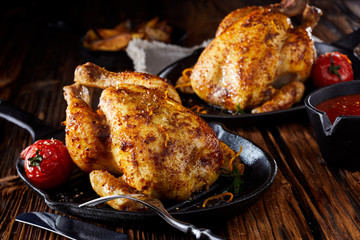 Two small roasted poussin or spring chickens